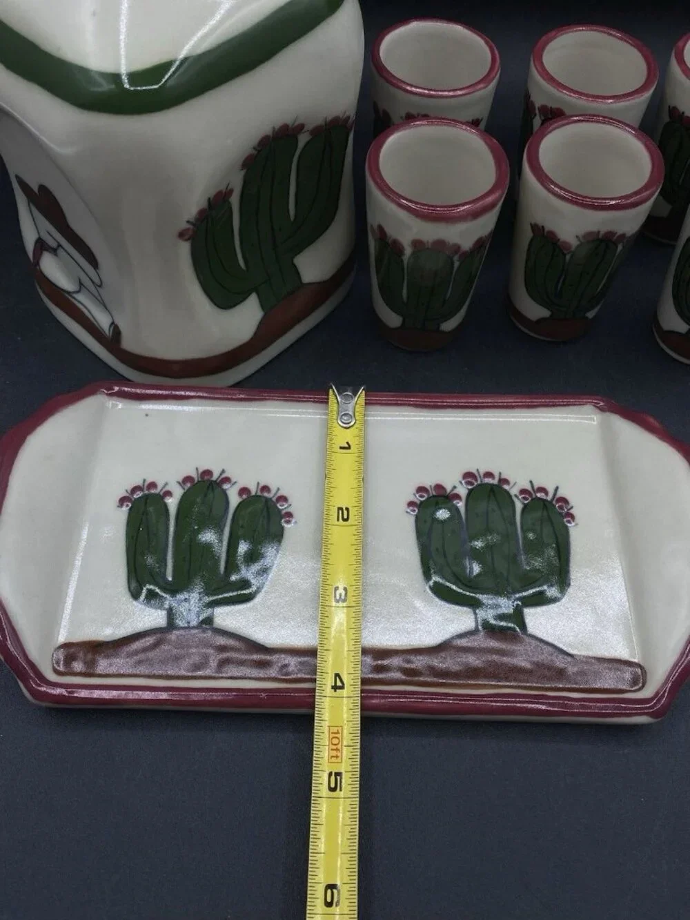 LM Mexico Tequila Sombrero Cactus Set Shot Glasses Salt Shaker Tray Vitrified ￼